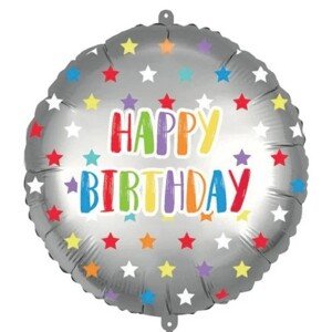 Strieborný balónik s farebnými hviezdami Happy Birthday 46 cm