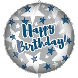 Happy Birthday strieborný fóliový balón s hviezdami 46 cm