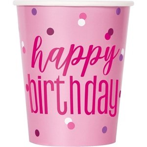 Papierové poháre Happy Birthday pink 266 ml 8 ks