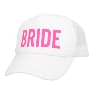 Biela čiapka s ružovým nápisom Bride